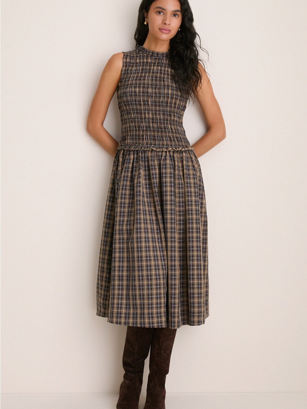 Smocked Plaid Midi Dress in Brown and Navy